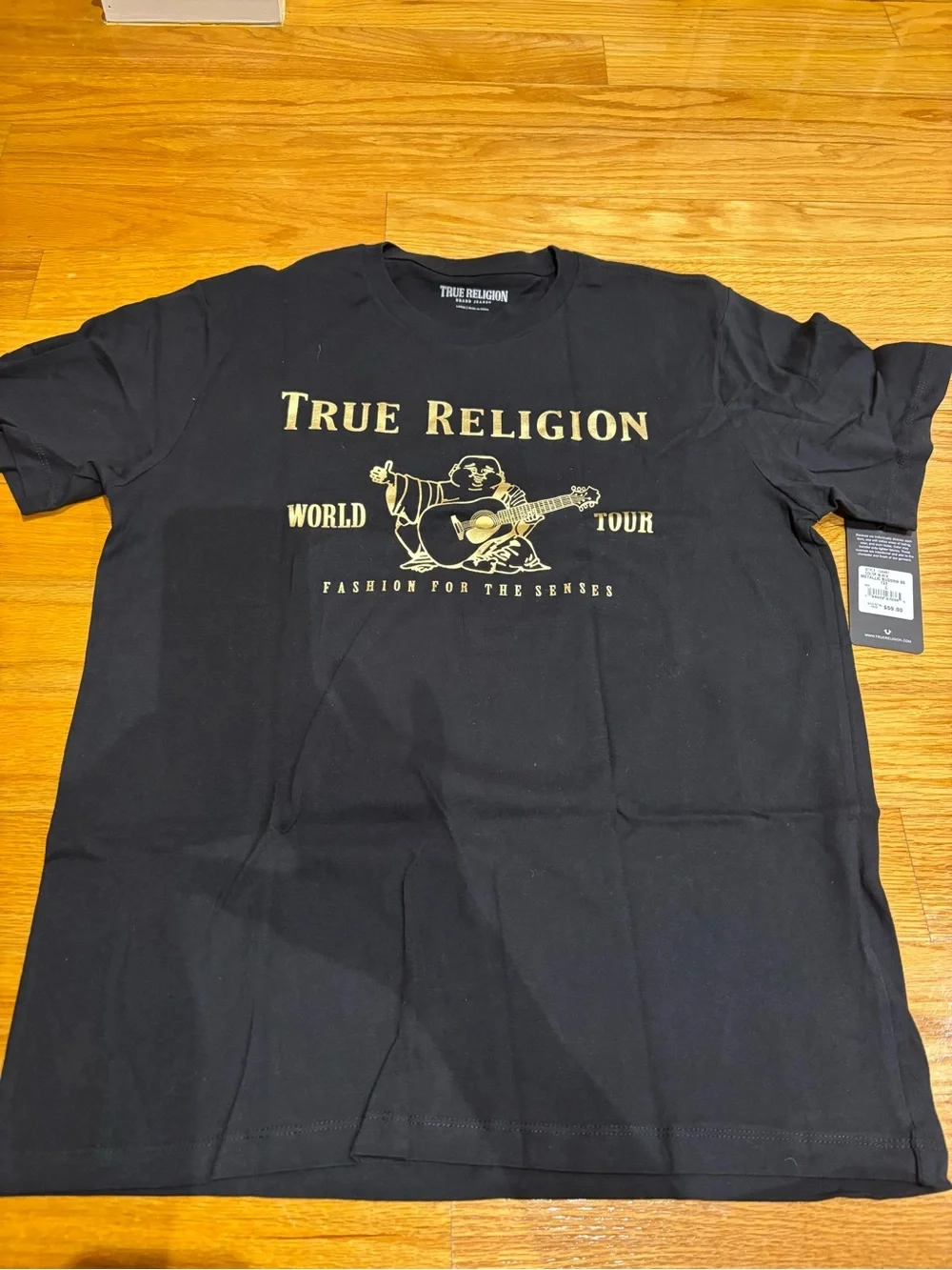 True Religion Black Tee with Gold Logo and Guitar Buddha
